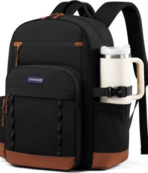 LOVEVOOK Laptop Backpack for Women with Large Cup Holder,15.6 Inch DIY Design Travel Work Backpack Computer Laptop Bag,Waterproof Nurse Teacher College Backpack Purse,Gifts for Women Men,Brown-Black