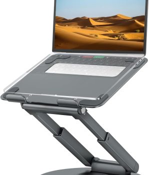 tounee Telescopic Laptop Stand for Desk with 360° Swivel Base, Sit to Stand, Height Adjustable, Portable Riser Holder for Good Posture, Compatible with MacBook Pro, All Laptops 10-17″-Gray